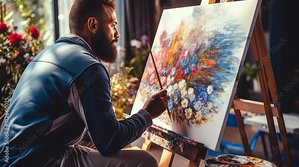 A man is painting on canvas in a full-shot portrait. - obrazy, fototapety, plakaty 