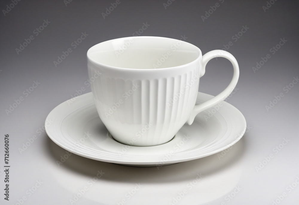 Stylish porcelain cup on a white saucer, radiating elegance and refinement. Stylish porcelain cup on a white saucer, radiating elegance and refinement.