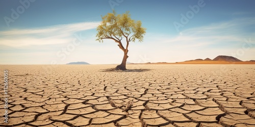 minimalistic design Tree on cracked ground due to drought and global warming.