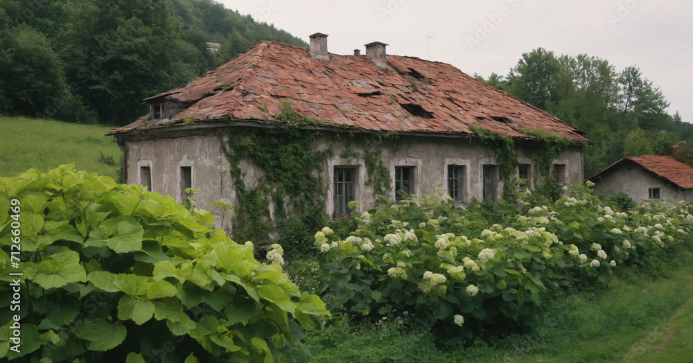 A picturesque scene capturing the charm of an old, dilapidated house in a European village. 