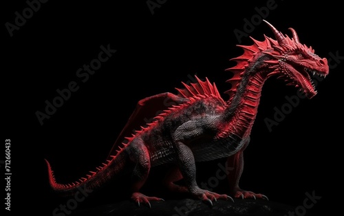 large full-length dragon  red  cute  on a black background  space for text 