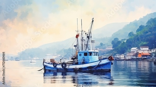 A watercolor painting style was used to capture the morning scene of a fishing boat in the harbor