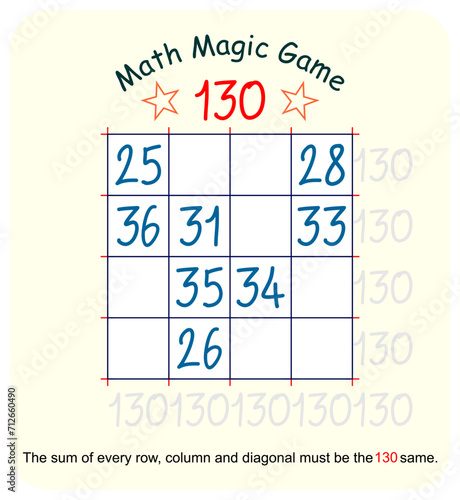 Magic math game. (Magic square)  Recreational mathematics and educational series vector illustration.