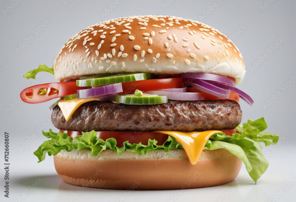 Delectable burger on air in a clean white background Delectable burger on air in a clean white background