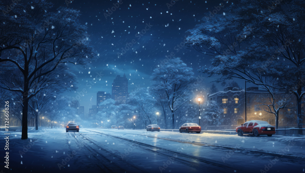 A snowy street with parked cars, snow blowing outside, Snow storm in the city. a winter snow covered road in a city, concept of traffic safety on a slippery road