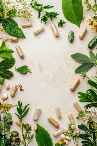 Natural pastel color table with herbal medicine in capsules made from herb leaves