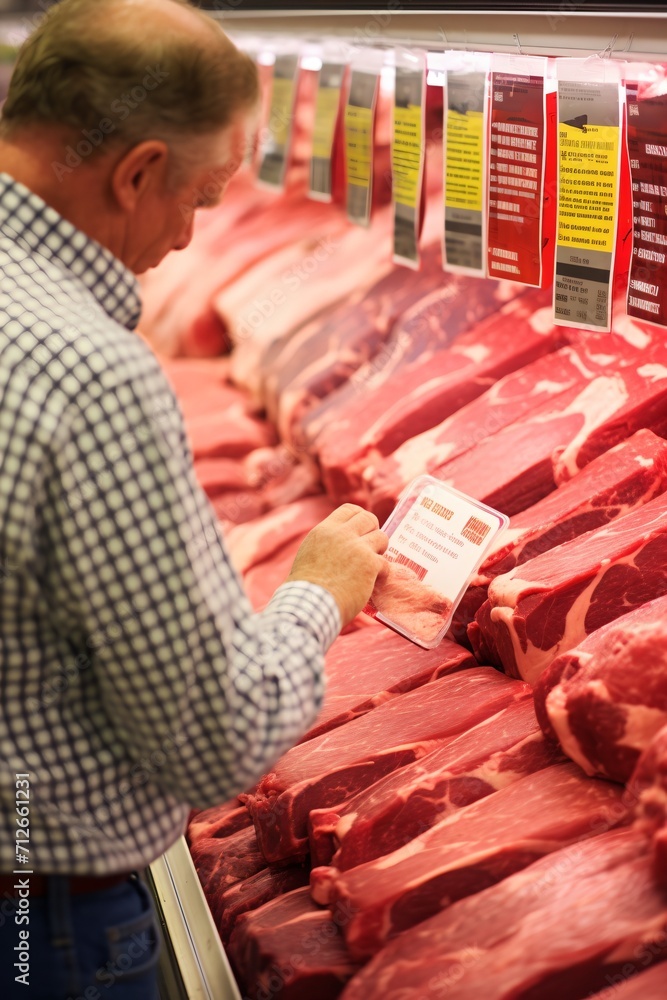 Man looking at different cuts of beef at the grocery store Stock ...