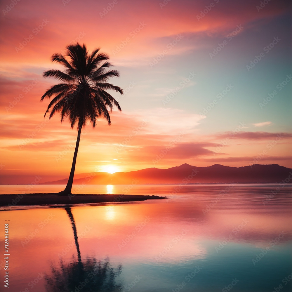 Sunset landscape with palm trees wallpaper
