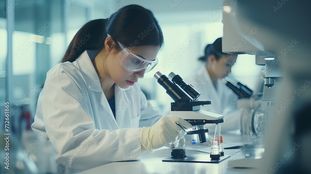 The laboratory is being occupied by a group of scientists wearing lab coats, who are examining a biochemistry sample in test tubes and using scientific instruments. The laboratory is being occupied by a group of scientists wearing lab coats, who are examining a biochemistry sample in test tubes and using scientific instruments.