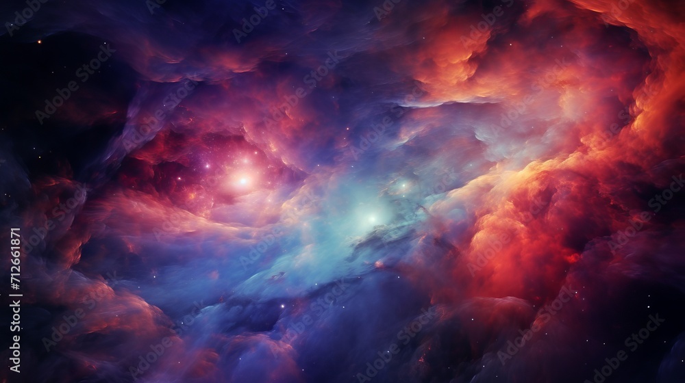 The sky is filled with galaxies, spirals, space nebulae, stars, smoke, and iridescence.