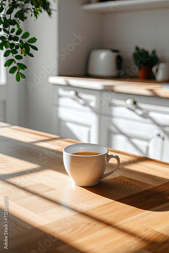 A morning coffee cup on a wooden table in a white, modern, minimalist kitchen, with deep shadows from the sunny window