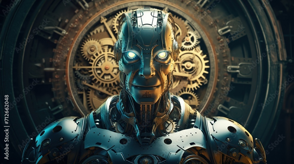 A robot in a retro-futuristic style, reminiscent of early sci-fi illustrations, set against a backdrop of gears and cogs A robot in a retro-futuristic style, reminiscent of early sci-fi illustrations, set against a backdrop of gears and cogs