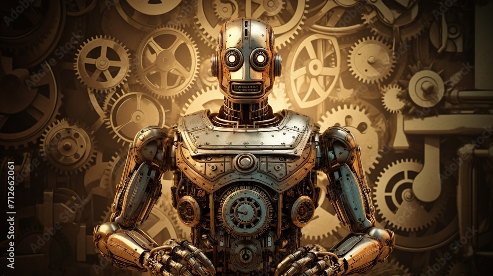 A robot in a retro-futuristic style, reminiscent of early sci-fi illustrations, set against a backdrop of gears and cogs