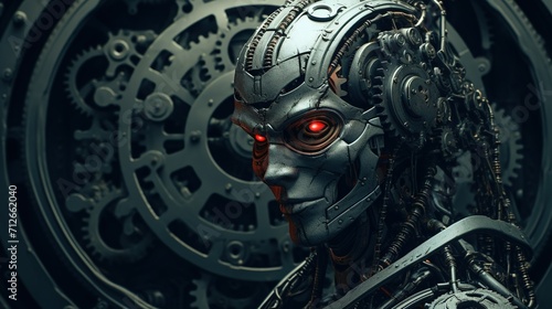 A robot in a retro-futuristic style, reminiscent of early sci-fi illustrations, set against a backdrop of gears and cogs