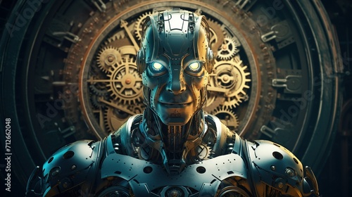 A robot in a retro-futuristic style, reminiscent of early sci-fi illustrations, set against a backdrop of gears and cogs