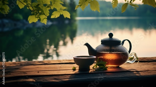 A teapot pouring tea into a cup, set against a blurred background of a tranquil lake surrounded by trees