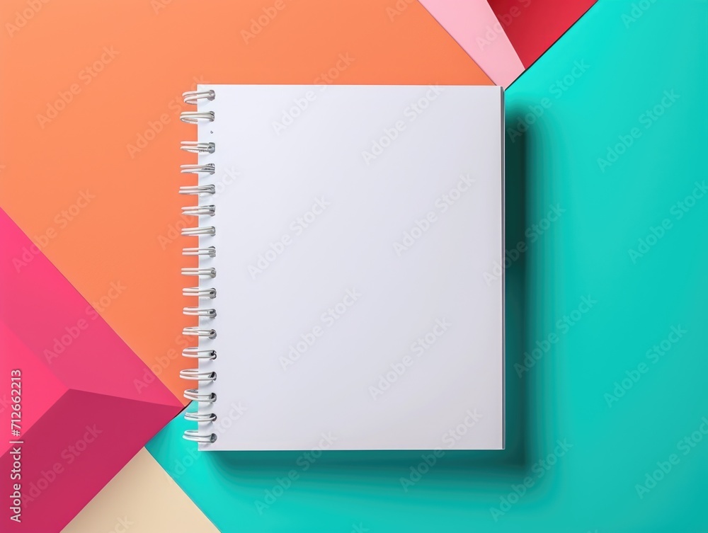 A spiral notebook on a colorful background. Notebook mockup on geometric paper pattern.