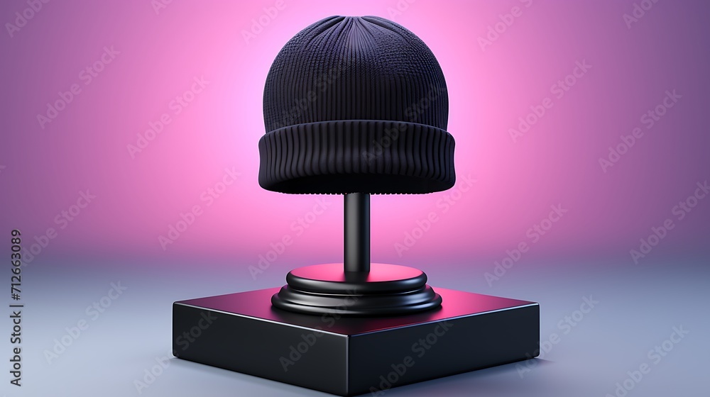 Gorro esportivo preto em expositor com iluminação neon Gorro esportivo preto em expositor com iluminação neon