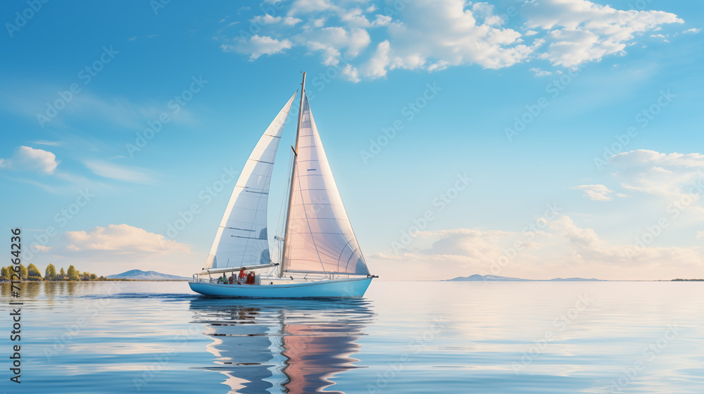 Fototapeta premium Sailboat on open water with a background of pink and blue sky