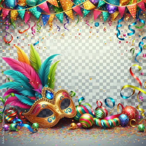 Carnival confetti and streamers decorating a transparent background post