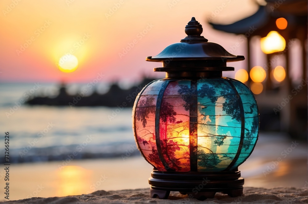 Chinese lamp with light decoration at beach night sunset Chinese lamp with light decoration at beach night sunset