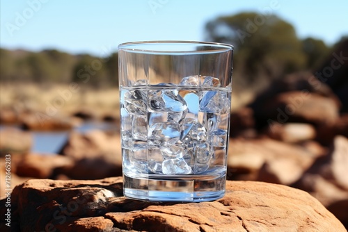 Refreshing Glass of Pure Water with Ice, Surrounded by Tranquil Nature