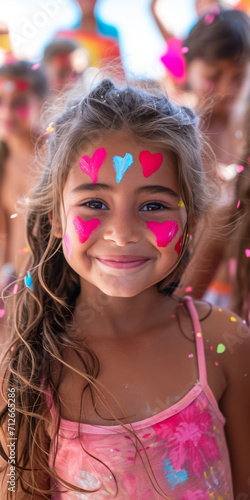 Ein kleines Mädchen in einem rosafarbenen Oberteil mit Herzen auf der Wange © Fatih