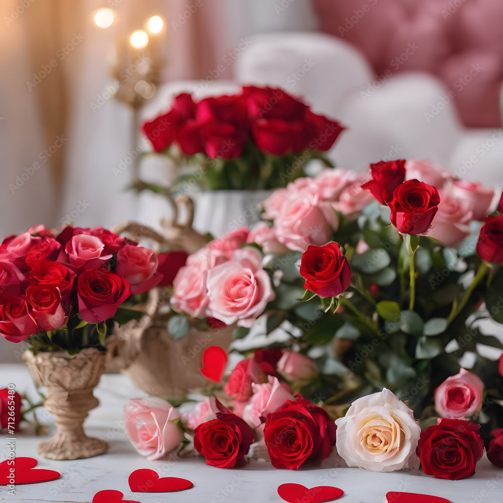 Obraz premium Blooming Love: Red Roses and Hearts for Valentine's Day