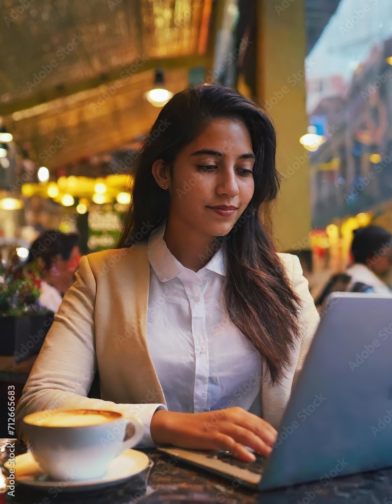 Portrait of a Hispanic woman working on a laptop computer in a busy cafe in the city 