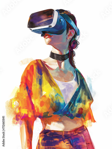 Drawing of a girl wearing virtual reality headset. AI generated image