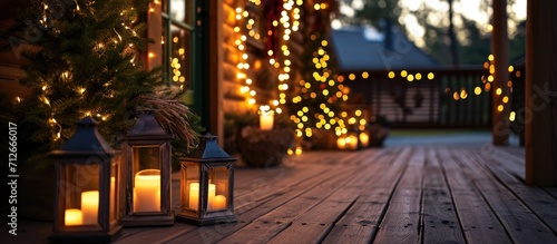 Festive porch adorned with lanterns and lights.
