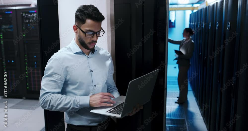 Business man, data center and laptop for maintenance, system solution and server room coding or cyber security. Team, people or technician with computer engineering, software and hardware inspection Business man, data center and laptop for maintenance, system solution and server room coding or cyber security. Team, people or technician with computer engineering, software and hardware inspection