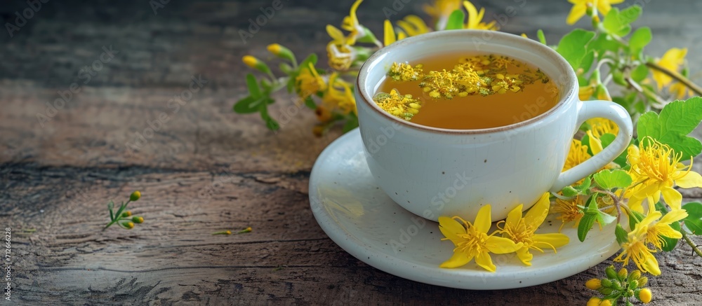 An herbal tea served in a white cup with St. John's wort flowers. An herbal tea served in a white cup with St. John's wort flowers.