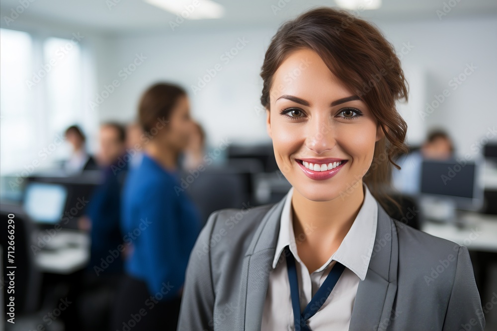Cheerful Businesswoman Smiling Happily Against Office Background with Copy Space for Text Cheerful Businesswoman Smiling Happily Against Office Background with Copy Space for Text