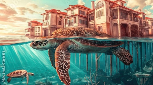 A painting of a turtle swimming in front of a building.