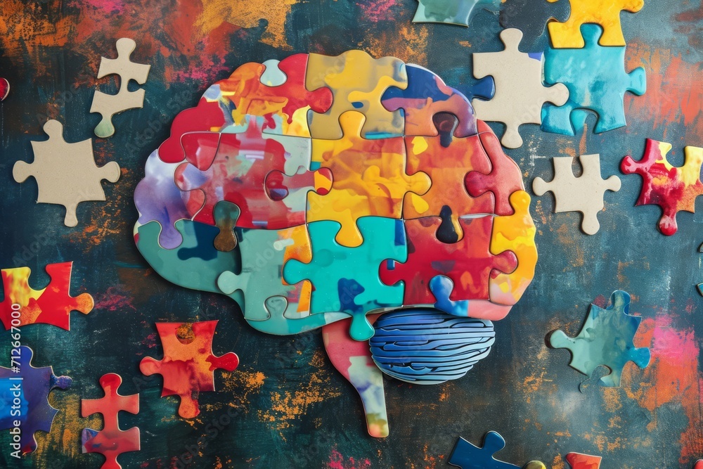 An abstract and creative representation of the human brain formed by colorful puzzle pieces, symbolizing a complex and innovative mind engaged in thoughtful and imaginative thinking processes - obrazy, fototapety, plakaty 