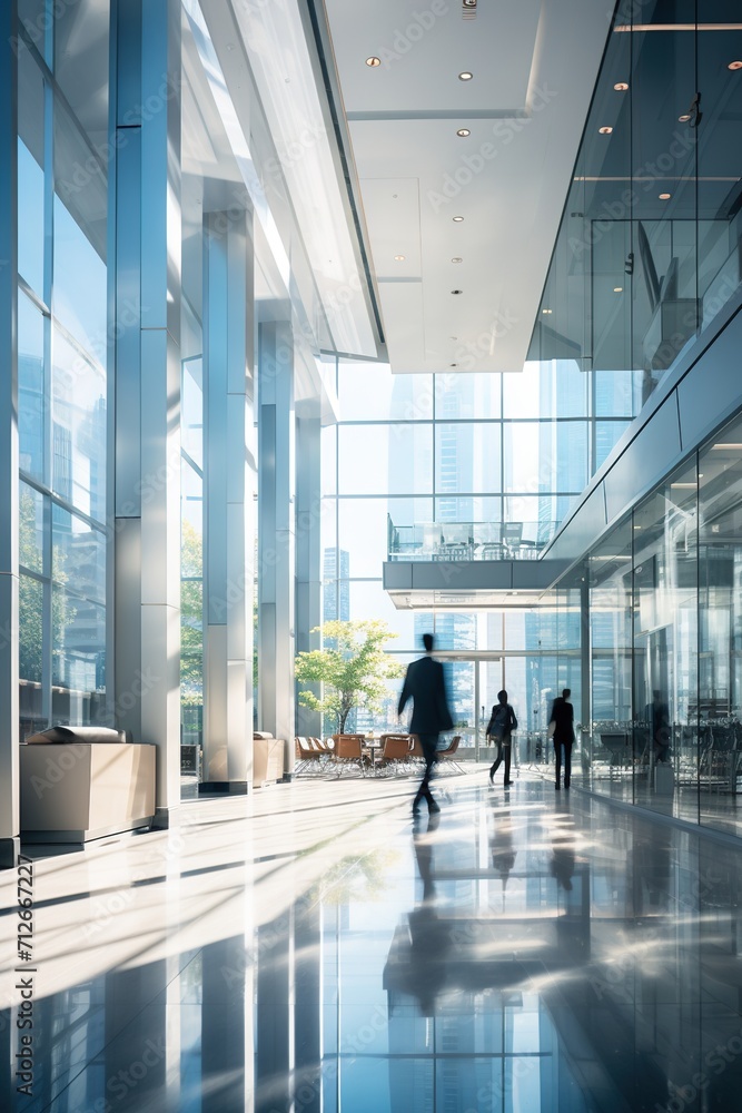 Three business people walking in a modern office building Three business people walking in a modern office building