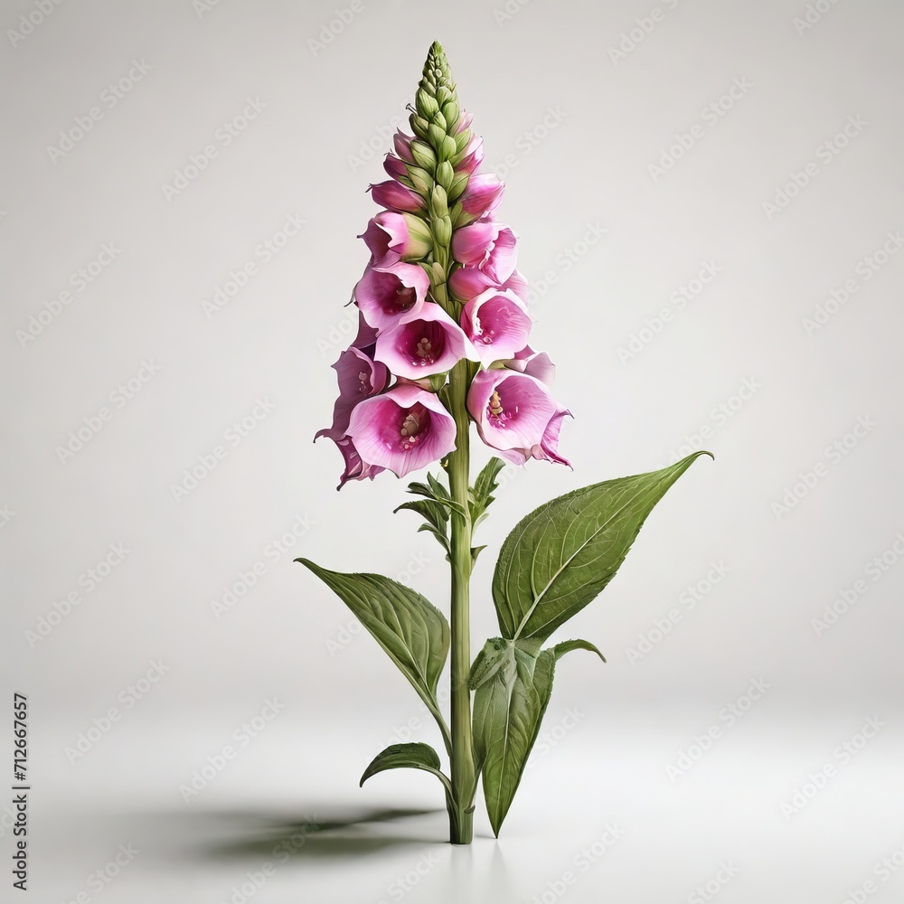 Close-up of a Pink Foxglove Flower with Green Leaves on a Light Background
