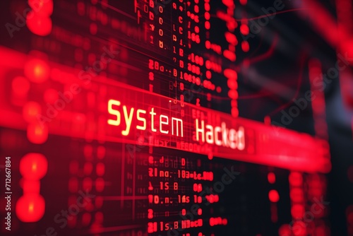 a digital display showing abstract code and a malicious cyber attack warning in bright text 