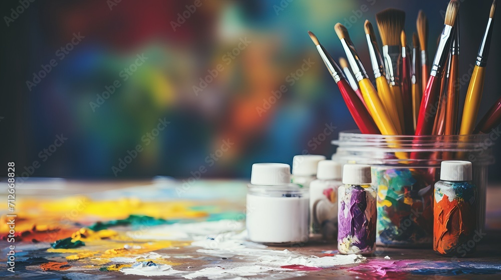 Apply oil paints with brush and tubes on a wooden table. Apply oil paints with brush and tubes on a wooden table.