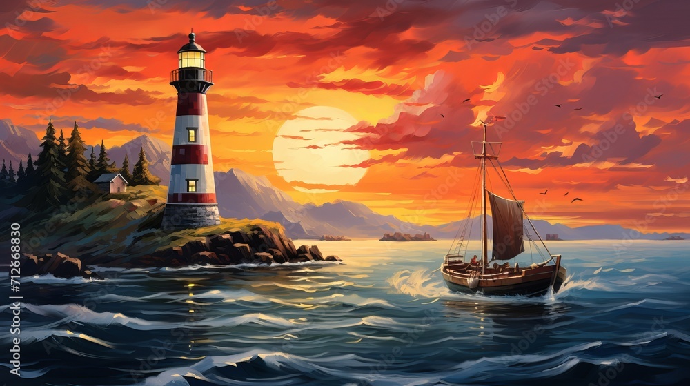 At sunset, an oil painting of a lighthouse and fishing boat is shown.
