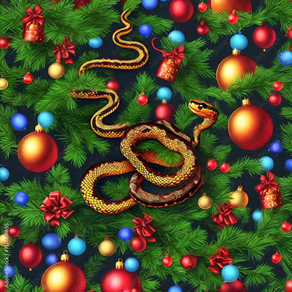A snake in the branches of a festively decorated Christmas tree A snake in the branches of a festively decorated Christmas tree