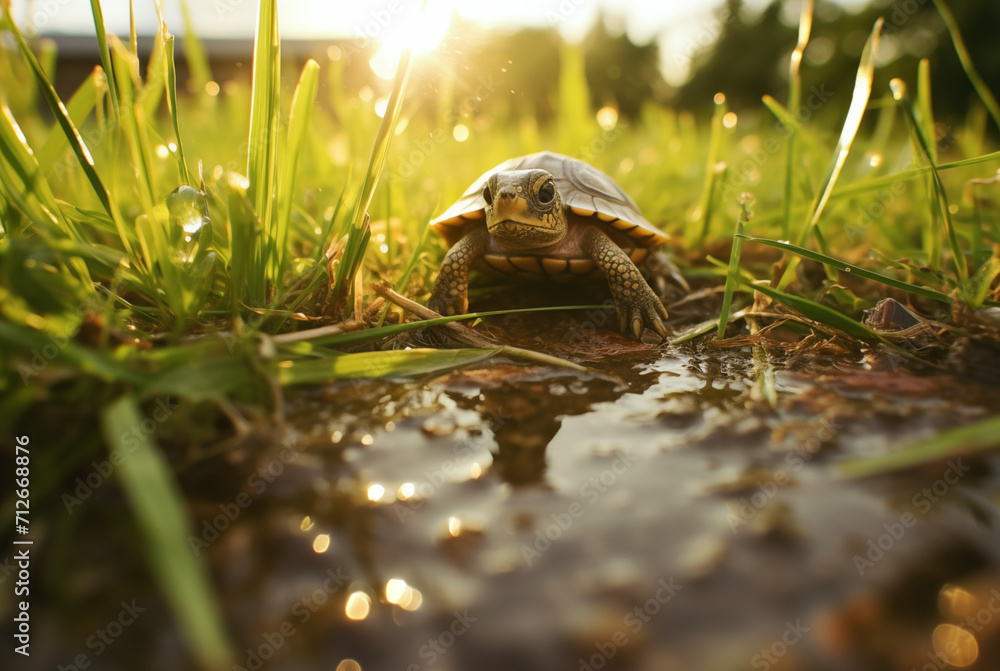 Obraz premium Sunlit Cute Little Turtle Outdoors