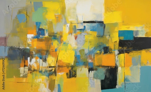 Abstract Painting with a Canvas Alive in Various Colors  Featuring a Playful Dance of Yellow and Blue Tones