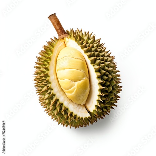 Photograph of durian, top down view, wite background