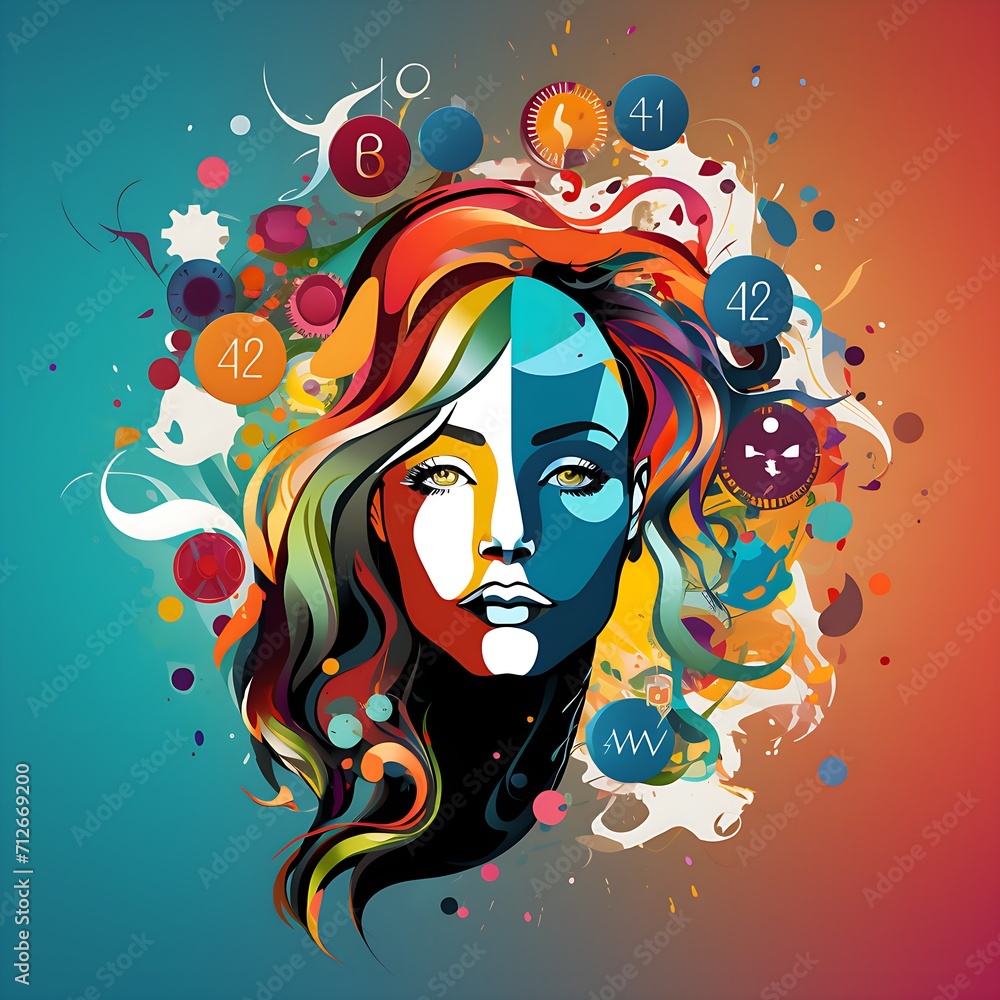 Kaleidoskop des Verstands: Farbenfrohes Porträt mit wissenschaftlichen Symbolen