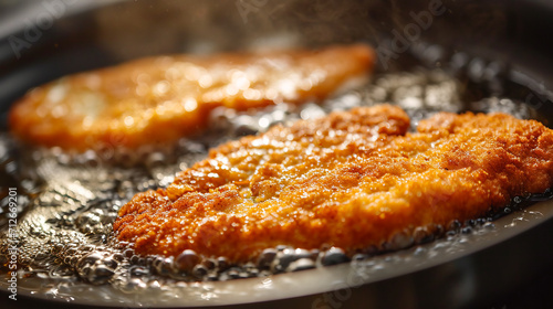 Process of frying delicious authentic breaded Wiener schnitzel in hot sizzling butter ina pan.