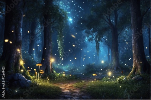 Forest with glowing light, fantsy at night photo
