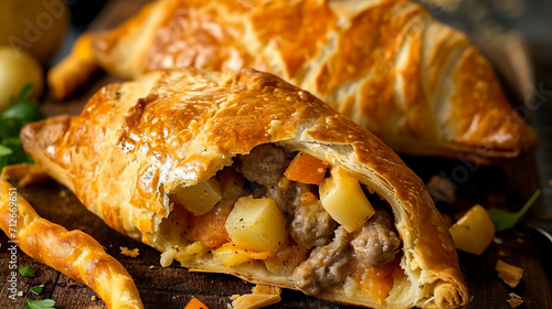 Foto Delicious home baked Cornish pasties with minced meat and vegetables