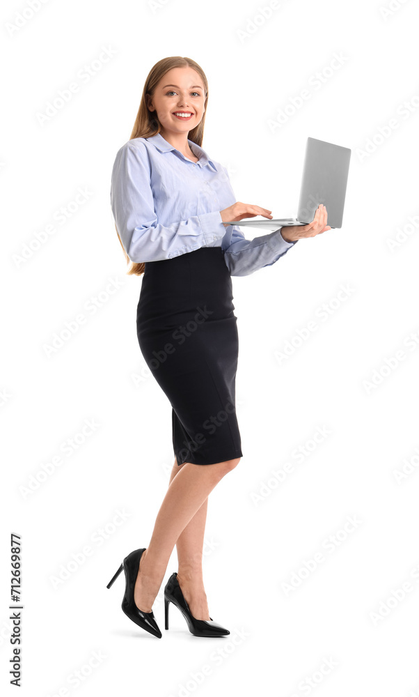 Pretty young businesswoman with laptop walking forward on white background Pretty young businesswoman with laptop walking forward on white background